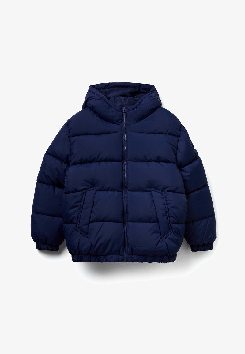 Námořnická modrá péřová bunda s kapucí, se zipem vpředu, elastickými manžetami, dvěma předními kapsami a prošívaným designem pro teplo.