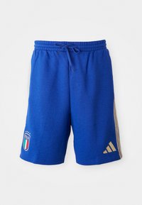 Mėlynos sportinės šortai su elastinga juosta, turintys raištelį, auksinės "Adidas" juostos šone ir Italijos emblema.