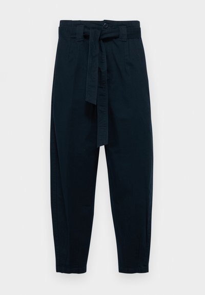 Dark navy high-waisted trousers with a front button closure and a belted waist, featuring tapered legs and side pockets.