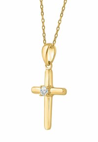 Kullast risti ripats poleeritud viimistlusega, mille keskel on väike läbipaistev vääriskivi, ripub tekstureeritud keti küljes.