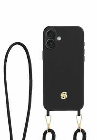 Juodas telefono dėklas su dviem kamerų angomis, matinė tekstūra, auksinis logotipas ir nuimamas juodas pynimo dirželis su aukso spalvos detalėmis.