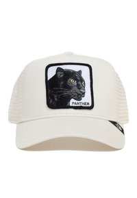Cappello trucker crema con un ricamo di pantera nera centrato su una patch quadrata, con lati in rete e una fascetta posteriore regolabile.