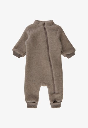 Braunes Fleece-Einteiler mit hohem Ausschnitt und Frontreißverschluss, ausgestattet mit gerippten Bündchen und Knöcheln. Weicher Stoff und minimalistisches Design.