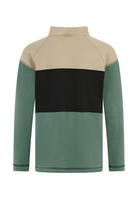 Langarmtrui met hoge kraag, met een beige bovenstuk, een zwarte middenband en een groene ondersectie. Gladde textuur en stikseldetails.