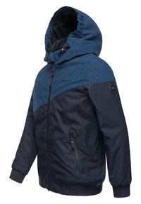Giacca a vento blu navy e denim con zip frontale, tasche laterali, polsini a costine e cordini elastici sul cappuccio.