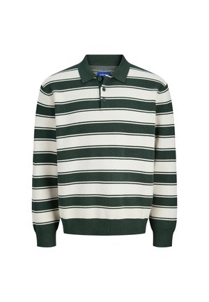 Polo majica s dugim rukavima, u tamnozelenim i bijelim horizontalnim prugama, sa dva dugmeta te tamnozelenim ovratnikom i manžetama.