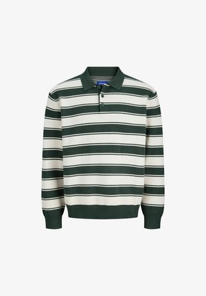 Koszulka polo z długim rękawem w poziome ciemnozielone i białe paski, z dwoma guzikami oraz ciemnozielonym kołnierzykiem i mankietami.