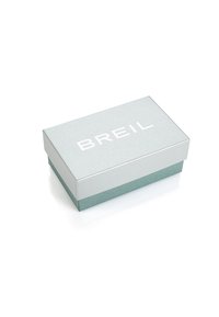 Caja rectangular con una tapa texturizada de color azul grisáceo claro que presenta el nombre de la marca en blanco "BREIL" y una base lisa de color aqua.