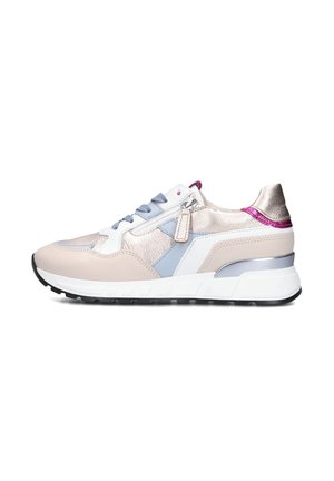 Athletic sneakers featuring a mix of beige, light blue, and metallic accents. Smooth leather upper, cushioned sole, and rounded toe design.