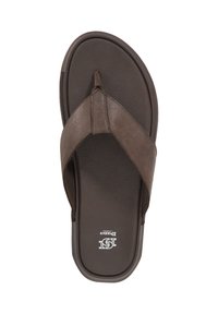 Brown flip-flop sandal with a textured synthetic upper, toe post design, and cushioned footbed. Flat sole with logo detailing.