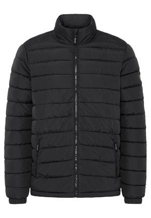 Padded črno jakna z visokim ovratnikom, zadrgo in stranskimi žepi. Ima vodoravno šivanje za teksturo in elastične manšete.