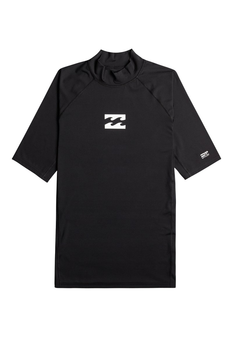 Czarna koszulka do surfingu z krótkim rękawem, wykonana z elastycznego materiału, z wysokim kołnierzem i białym logo fali na piersi.