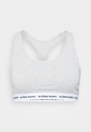 Sutiã desportivo cinza com um design de costas nadadora, feito de tecido suave. Apresenta uma faixa branca com o logótipo preto "BJÖRN BORG" impresso.