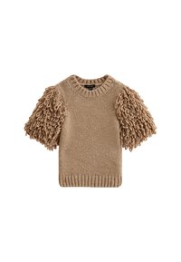 Beige knitted short-sleeve sweater with chunky looped yarn texture on sleeves and ribbed neckline and hem.