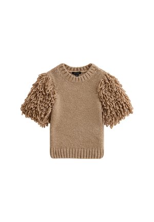 Pull en maille beige à manches courtes avec une texture de fil en boucle épaisse sur les manches et un col et un ourlet côtelés.