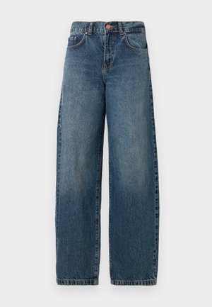 Šviesiai iki vidutinio mėlynumo džinsiniai plačiojo kirpimo džinsai su išblukusiu efektyvu, turintys penkias kišenes ir tvirtą juosmenį su mygtuko uždarymu.