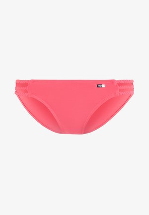 Pink bikini bottom made from smooth material, featuring braided side straps and a silver logo accent. Classic cut and minimal design.