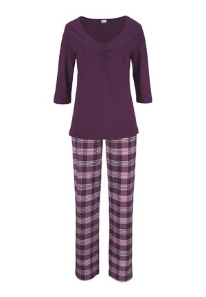 Purple long-sleeve V-neck top with gathered detail paired with purple and pink plaid straight-leg pants.