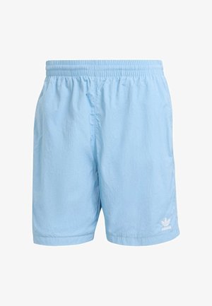 Light blue athletic shorts with an elastic waistband, made from a smooth fabric. Features a small white Adidas logo on the lower right.