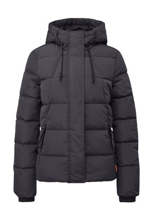 Schwarze Pufferjacke mit Kapuze, versehen mit einem gesteppter Muster, verstellbaren Kordeln und gerippten Bündchen. Sichtbare Seitentaschen.