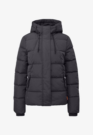 Black puffer jacket with a hood, featuring a quilted pattern, adjustable drawstrings, and ribbed cuffs. Side pockets visible.