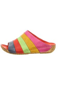 Colorful leather slide sandal featuring horizontal stripes in pink, red, green, yellow, and blue, with a textured cork sole. Open toe design.