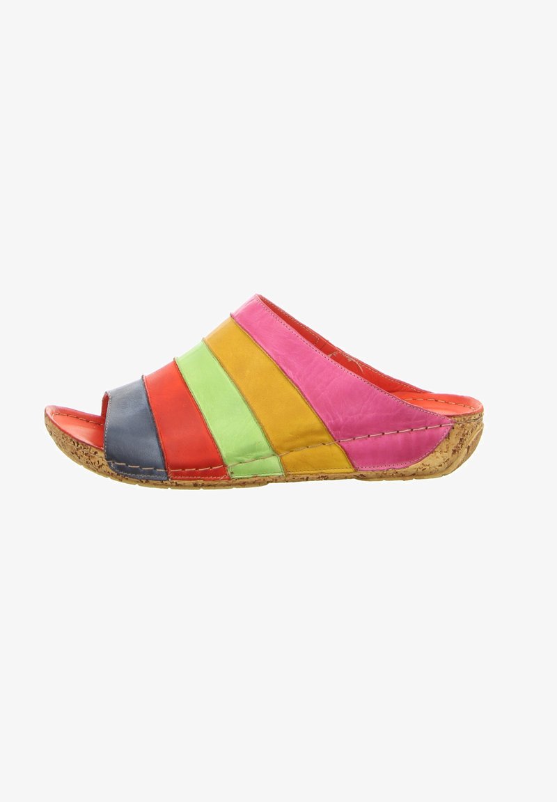 Colorful leather slide sandal featuring horizontal stripes in pink, red, green, yellow, and blue, with a textured cork sole. Open toe design.