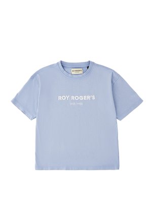 Maglietta azzurra chiaro a maniche corte con la scritta bianca "ROY ROGER'S EST. 1952" sul petto, scollatura rotonda.