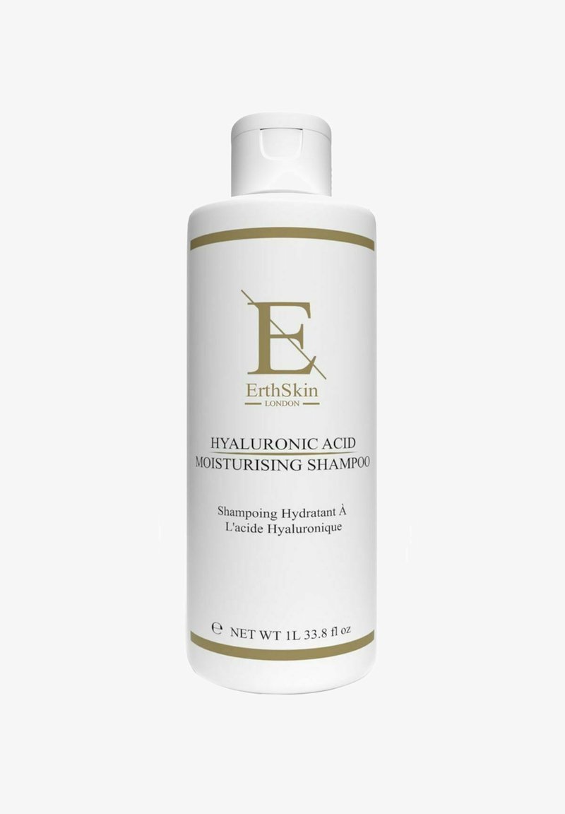White bottle of ErthSkin Hyaluronic Acid Moisturising Shampoo, with gold accents and black text, 1L size, featuring flip-top cap.