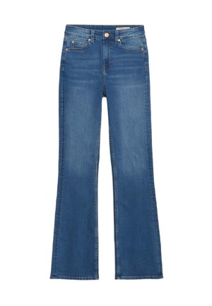 Hoch geschnittene, ausgestellte Jeans aus mittlerem blauen Denim. Verfügt über fünf Taschen, einen Reißverschluss mit Knopfverschluss und einen verwaschenen Look.