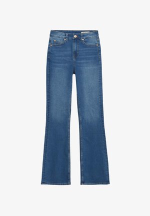 Højtsiddende, udvidede jeans i medium blå denim. Har fem lommer, lynlås og knaplukning samt en falmet finish.