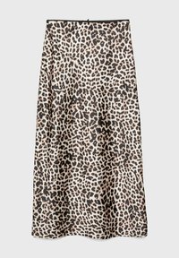 Suknja midi kroja s leopard uzorkom, glatke teksture, s bež pozadinom i crnim točkama. Oko struka je ukrašena crnom čipkastom trakom.