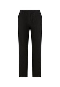 Schwarze, gerade geschnittene Hose mit elastischem Bund, aus einem weichen, strukturierten Stoff gefertigt. Verfügt über eine einzelne Gesäßtasche.
