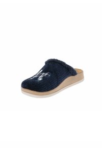 Pantofole blu navy con tomaia morbida e testurizzata, sottopiede in legno e suola in gomma bianca; presenta un design ricamato sulla parte anteriore.