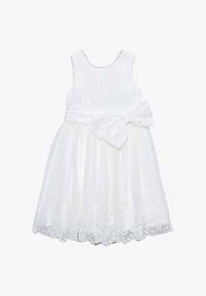 Vestito bianco senza maniche per ragazza con rifinitura in pizzo all'orlo e in vita, dotato di una larga fascia annodata in un grande fiocco sul lato destro.