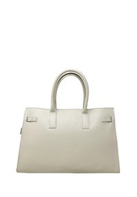 Světlé šedé kožené kabelky se strukturovaným tvarem, se dvěma zaoblenými uchy a minimalistickým designem. Texturovaný povrch s detaily šití.