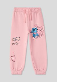 Pantaloni della tuta rosa in morbido tessuto con vita elasticizzata, caratterizzati da design di Stitch e Angel, cuori e una grafica di una stella cadente.