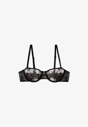 Soutien de color negro con tejido transparente que presenta un estampado de palmeras. Acentos de bordado floral en rojo y rosa. Tiras ajustables y soporte con varilla.