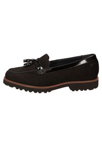 Schwarze Wildleder-Lederschuhe mit glänzendem Lacklederakzent und Schleifendetail, ausgestattet mit einer robusten Gummisohle und beigem Nähen.
