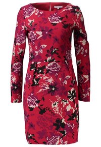 Rotes Blumenmuster-Kleid mit langen Ärmeln. Enthält große Rosen in Lila und Schwarz. Figurbetonter Bund mit Gürteldetail. Glattes Material mit leichtem Glanz.