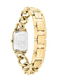 Goldfarbene Armbanduhr mit rechteckigem Gehäuse, ausgestattet mit einem Edelstahlboden, massiven Gliedern und einem geprägten Logo auf den Gliedern.
