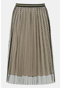 Jupe en tulle avec un motif à pois noirs, présentant une ceinture noire et dorée. Longueur genou avec un design stratifié et semi-transparent.