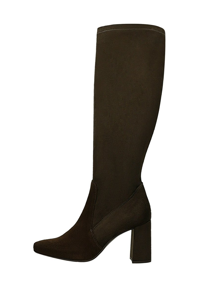 Dunkelbraune kniehohe Wildlederstiefel mit spitz zulaufender Zehe und Blockabsatz, mit genähten Details entlang des Schafts und um den Knöchel.