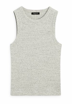 Haut sans manches gris clair en maille côtelée avec un col rond et un motif tacheté noir subtil.