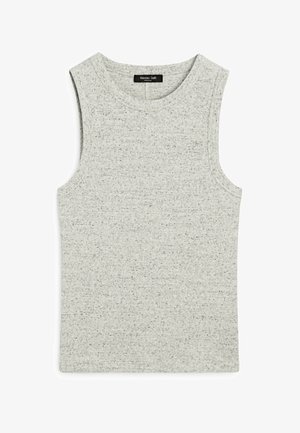 Haut sans manches gris clair en maille côtelée avec un col rond et un motif tacheté noir subtil.