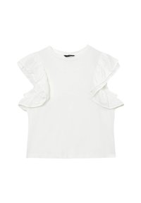 T-shirt bianco a maniche corte con dettagli arricciati sulle spalle. Realizzato in tessuto morbido con scollo rotondo classico e vestibilità rilassata.