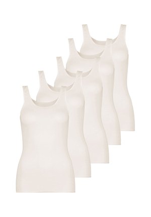 Five plain white sleeveless tank tops arranged in a staggered row on a white background.