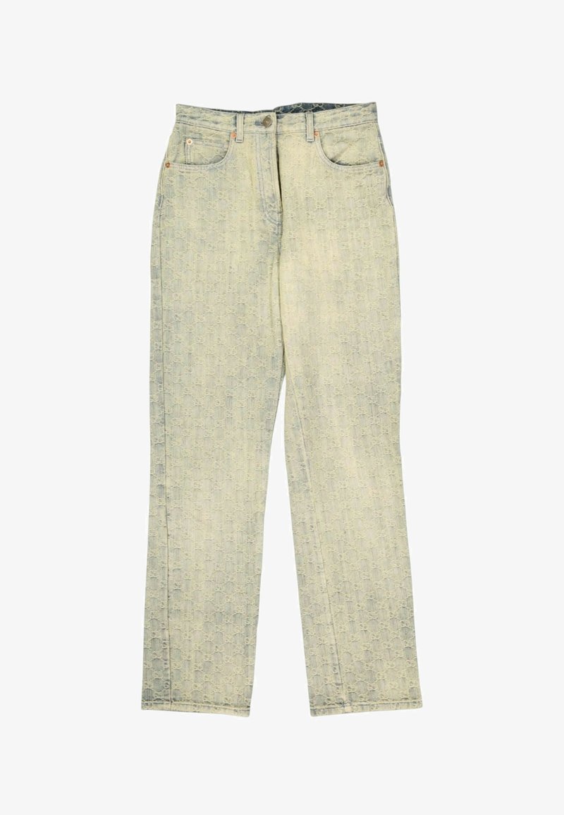 Jean beige clair taille haute avec motif logo embossé subtil, poches avant, fermeture par bouton et fermeture éclair, présenté à plat sur fond blanc.