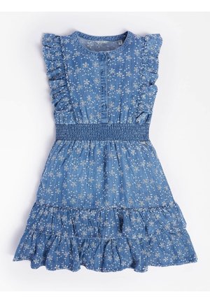 Niebieska sukienka z denimu z białym kwiatowym haftem, falbaniastymi rękawami, zapięciem na guziki, marszczoną talią i wielowarstwową spódnicą.