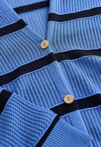 Lichtblauw vest met donkerblauwe horizontale strepen, gemaakt van een gebreide, ademende stof. Bevat twee houten knopen aan de voorkant.